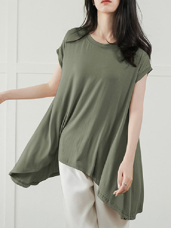 High-Low Loose Asymmetric Solid Color Round-Neck T-Shirts Tops