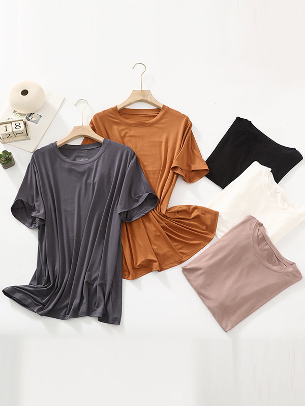 Loose Short Sleeves Solid Color Split-Joint Round-Neck T-Shirts Tops