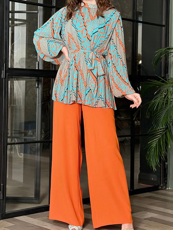 Bishop Sleeve Pleated Printed Tied Waist Round-Neck Shirts Top + High Waisted Pants Bottom Two Pieces Set