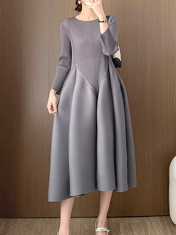 A-Line Loose Pleated Solid Color Split-Joint Round-Neck Midi Dresses