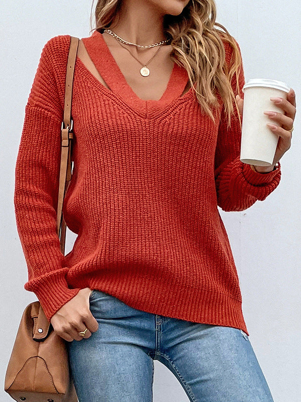 Stylish Loose Solid Color V-Neck Sweater Tops