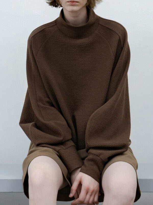 Loose Puff Sleeves Solid Color Split-Joint High Neck Sweatshirt Tops