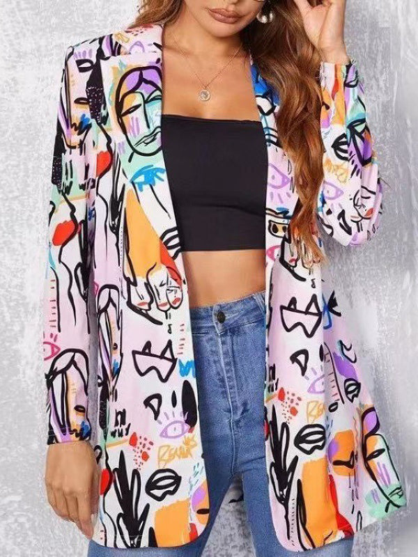 Long Sleeves Loose Figure Printed Notched Collar Outerwear