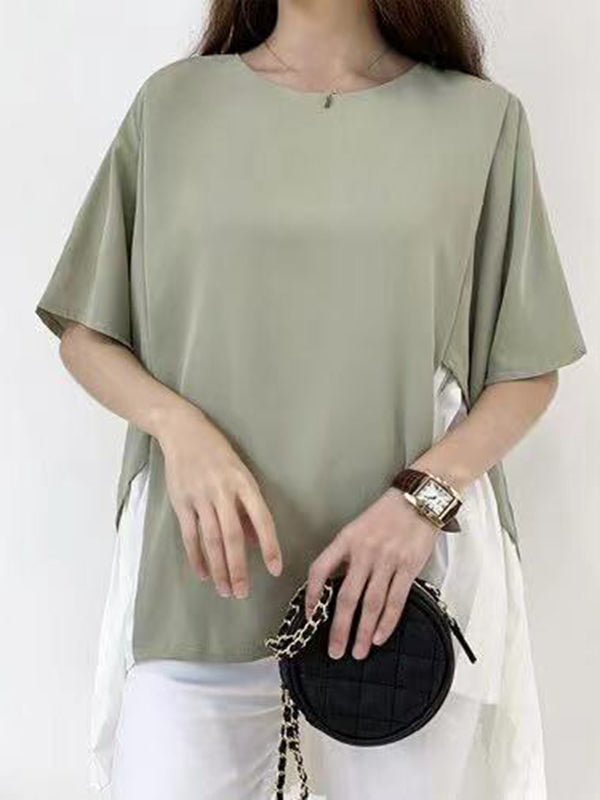 High-Low Loose Pleated Split-Joint Round-Neck T-Shirts Tops