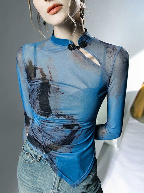 Long Sleeves Plus Size Asymmetric Hollow Mesh See-Through Wash Painting Mock Neck T-Shirts Tops