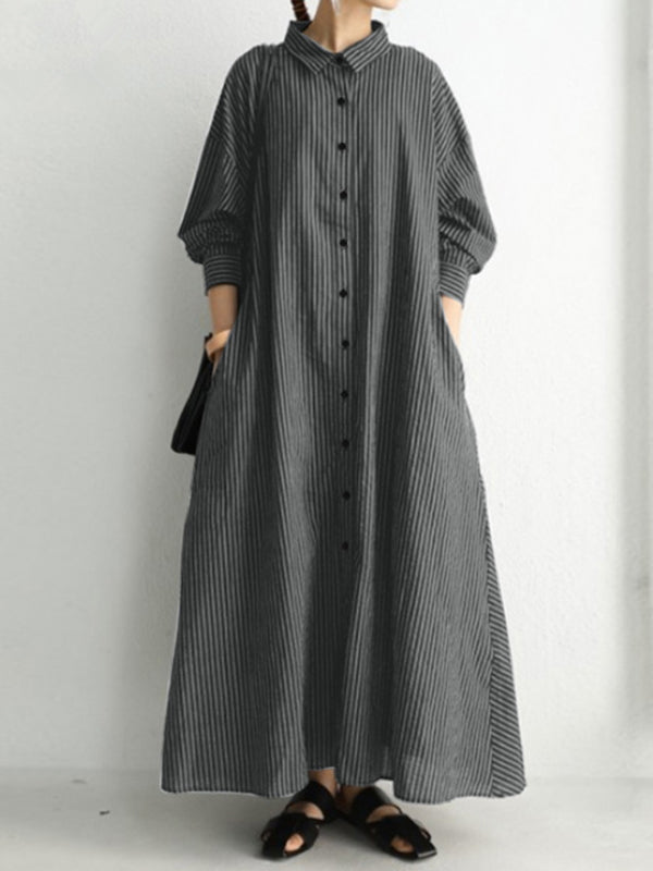 A-Line Long Sleeves Buttoned Striped Lapel Maxi Dresses Shirt Dress