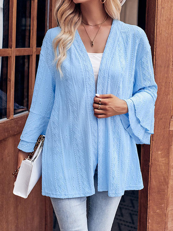 Flared Sleeves Long Sleeves Solid Color Collarless Outerwear