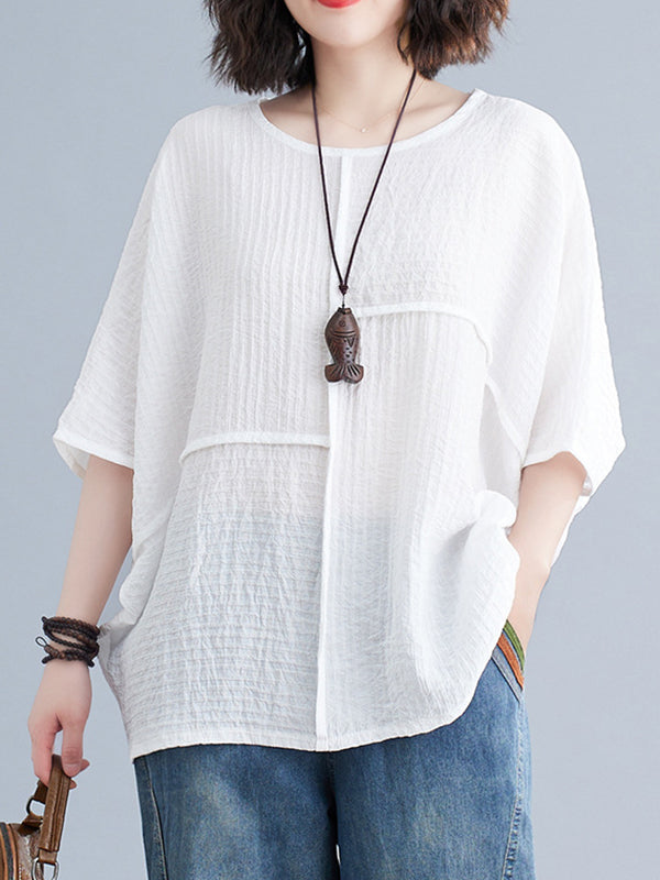Batwing Sleeves Loose Solid Color Split-Joint Round-Neck T-Shirts Tops