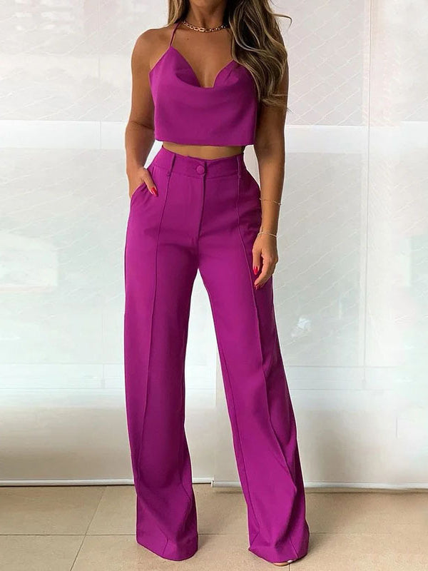 Loose Solid Color V-Neck Vest Top + High Waisted Pants Bottom Two Pieces Set