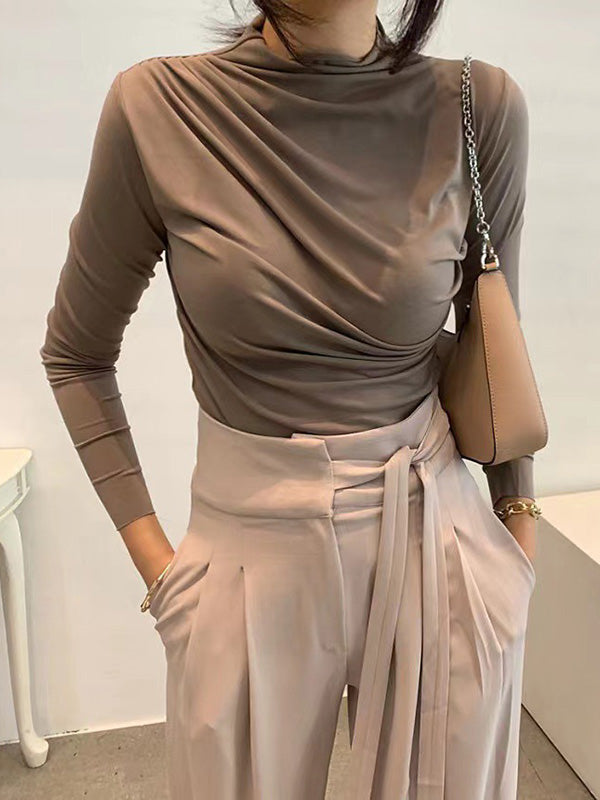 Long Sleeves Skinny Pleated Solid Color Mock Neck T-Shirts Tops
