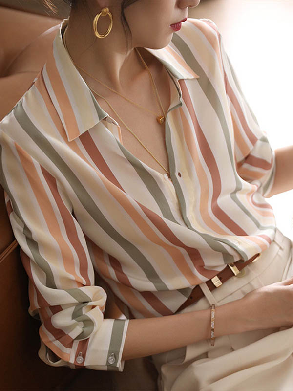 Long Sleeves Multi-Colored Striped Lapel Shirts Tops
