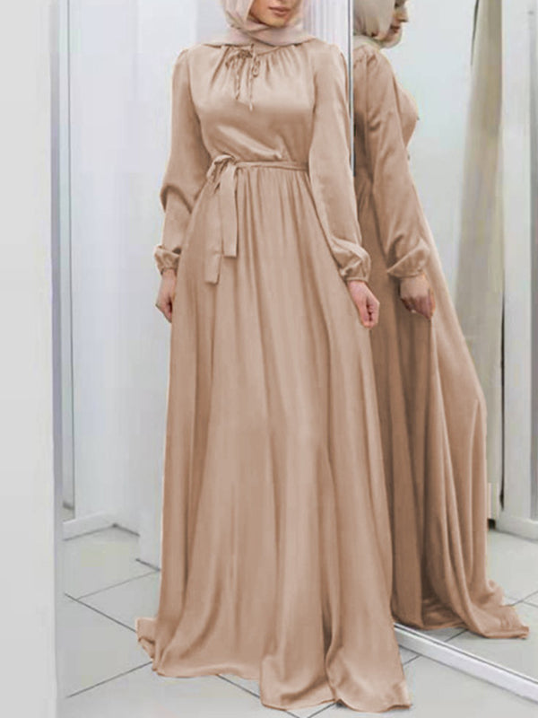Long Sleeves Loose Pleated Solid Color Tied Waist Maxi Dresses