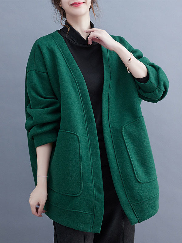 Long Sleeves Loose Pockets Solid Color Collarless Outerwear
