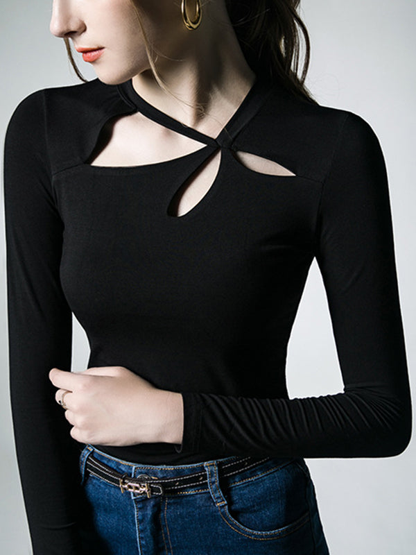 Long Sleeves Skinny Hollow Solid Color Asymmetric Collar T-Shirts Tops