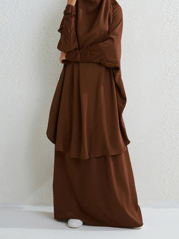 Batwing Sleeves Long Sleeves Muslim Solid Color High Neck Shirts Top + Skirts Bottom Two Pieces Set