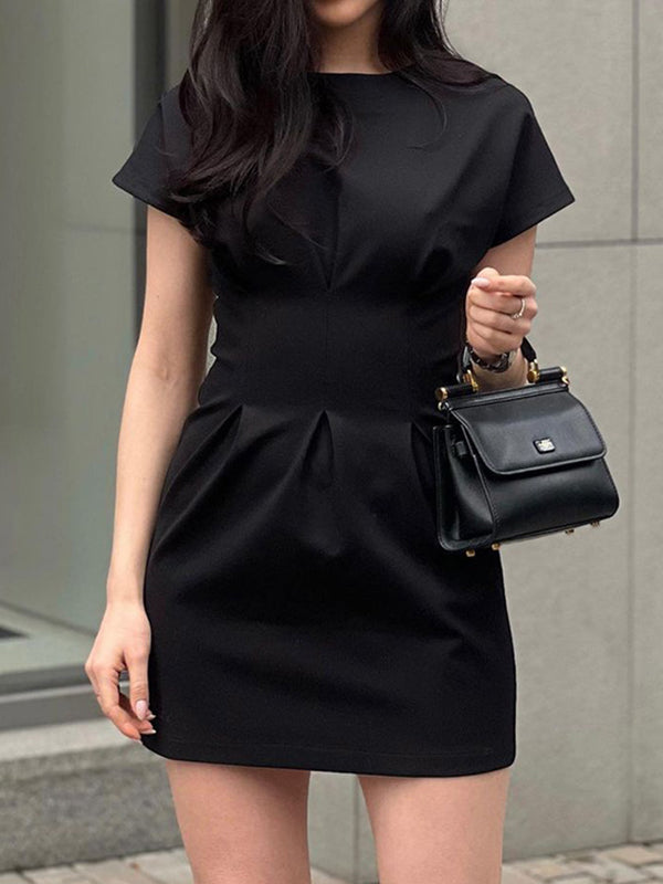 High Waisted Raglan Sleeve Pleated Solid Color Round-Neck Mini Dresses
