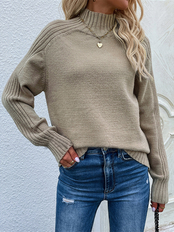 Stylish Long Sleeves Loose Solid Color High-Neck Sweater Tops