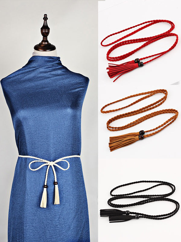 Bohemia Artificial Leather Weave Tasseled Solid Color Belt