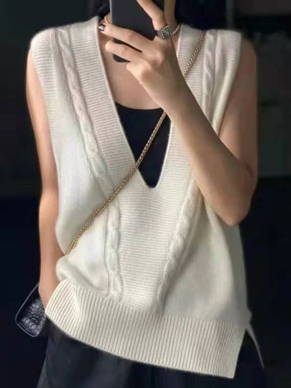 Casual Loose Knitting Sleeveless Solid Color V-Neck Vest Top