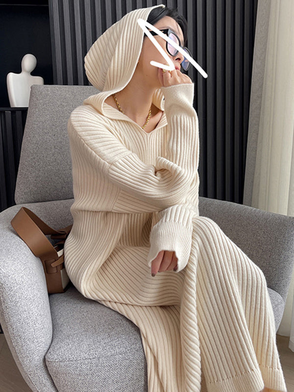 Stylish Long Sleeves Loose Solid Color Hooded Sweater Dresses