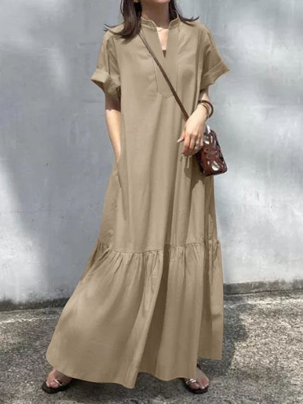A-Line Loose Solid Color Split-Joint V-Neck Maxi Dresses