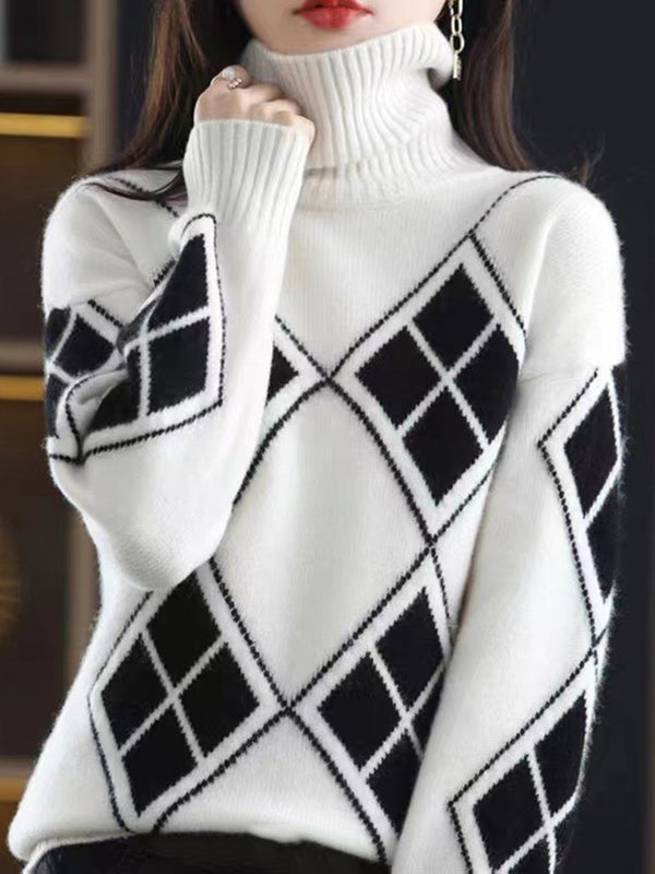 Casual Long Sleeves Loose Plaid High-Neck Sweater Tops