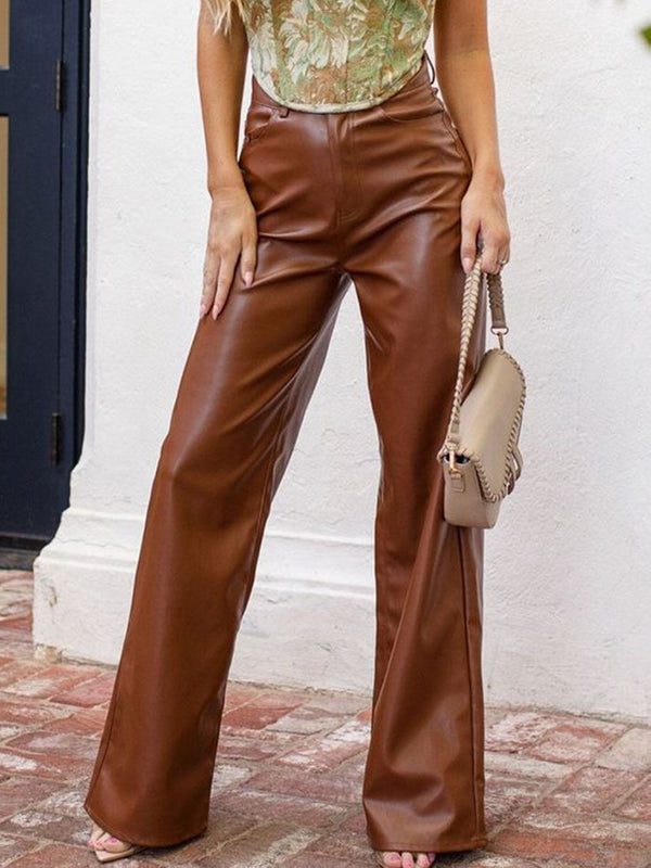 High Waisted Straight Leg Solid Color Split-Joint Pants Trousers