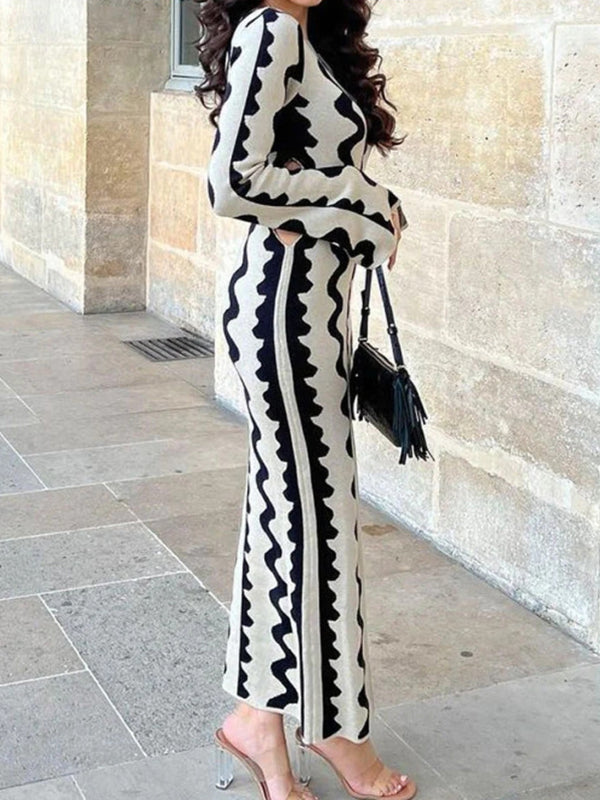 High Waisted Long Sleeves Hollow Printed Round-Neck Maxi Dresses