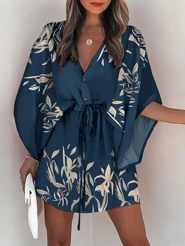 Original Loose Floral Printed Contrast Color Tied Buttoned Mini Shirt Dress