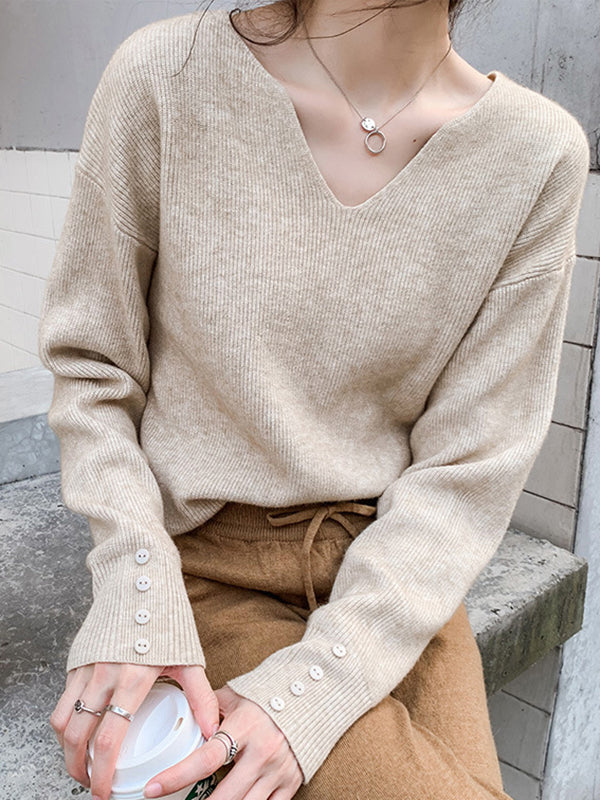 Casual Loose Long Sleeves Solid Color V-Neck Sweater Tops