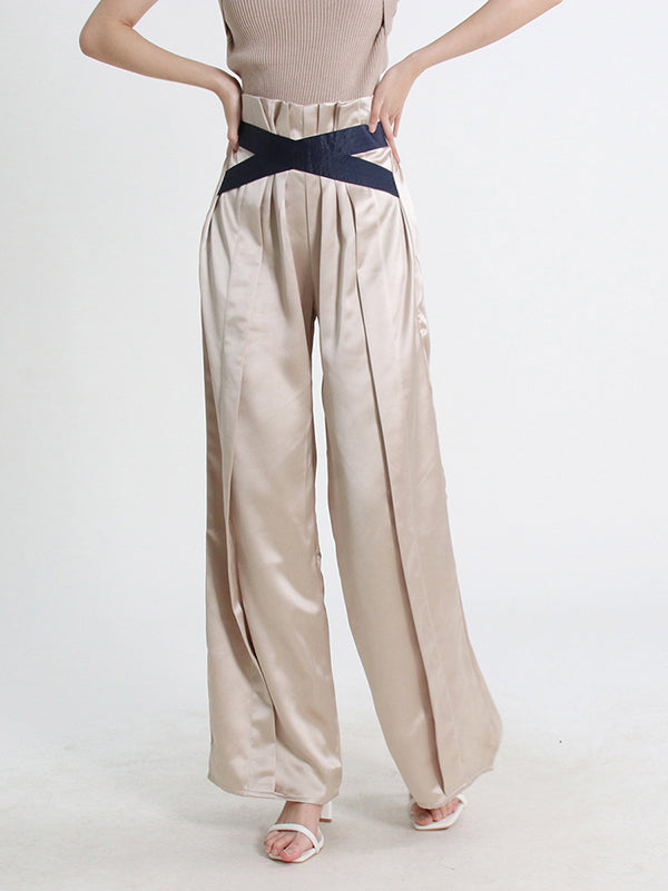 High Waisted Wide Leg Elastics Pleated Casual Pants Bottoms Trousers