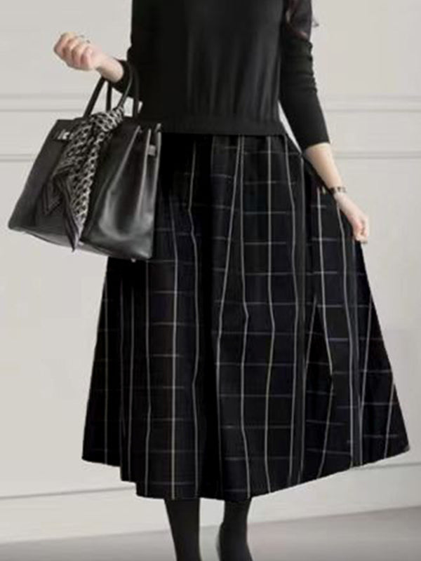 A-Line Long Sleeves Plaid Pleated Split-Joint Round-Neck Midi Dresses