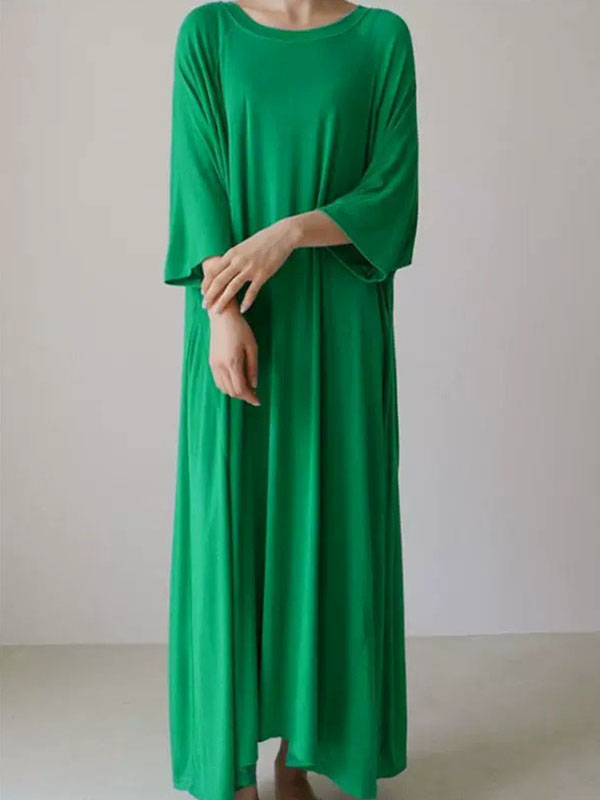 Loose Three-Quarter Sleeves Solid Color Round-Neck Maxi Dresses