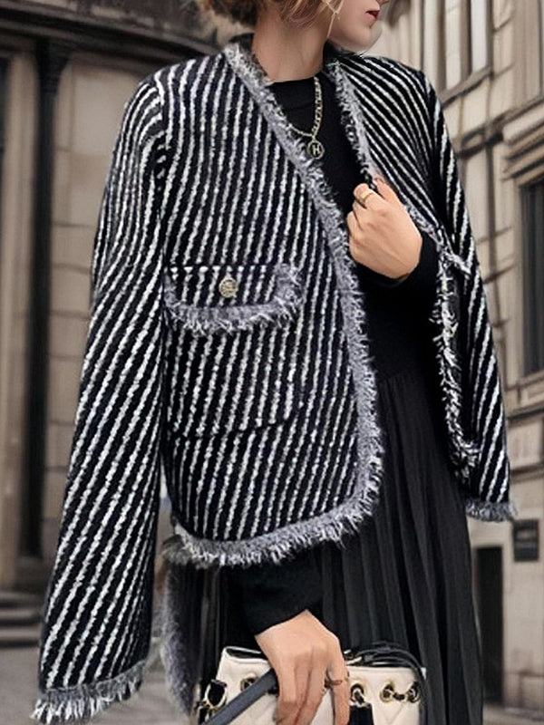 Long Sleeves Loose Fringed Split-Joint Striped Jackets Outerwear