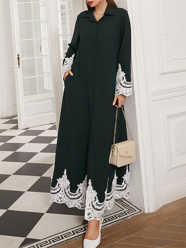 Long Sleeves Loose Buttoned Embroidered Lapel Maxi Dresses