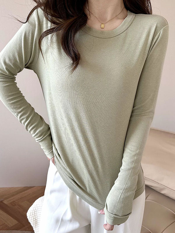 Long Sleeves Solid Color Round-Neck Skinny T-Shirts Tops