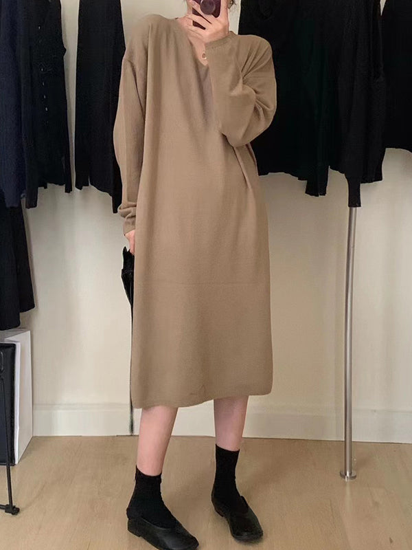 Long Sleeves Loose Solid Color V-Neck Midi Dresses Sweater Dresses