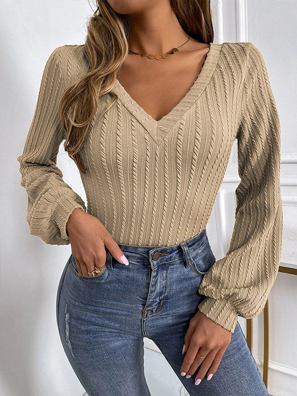 Long Sleeves Puff Sleeves Solid Color V-Neck T-Shirts Tops