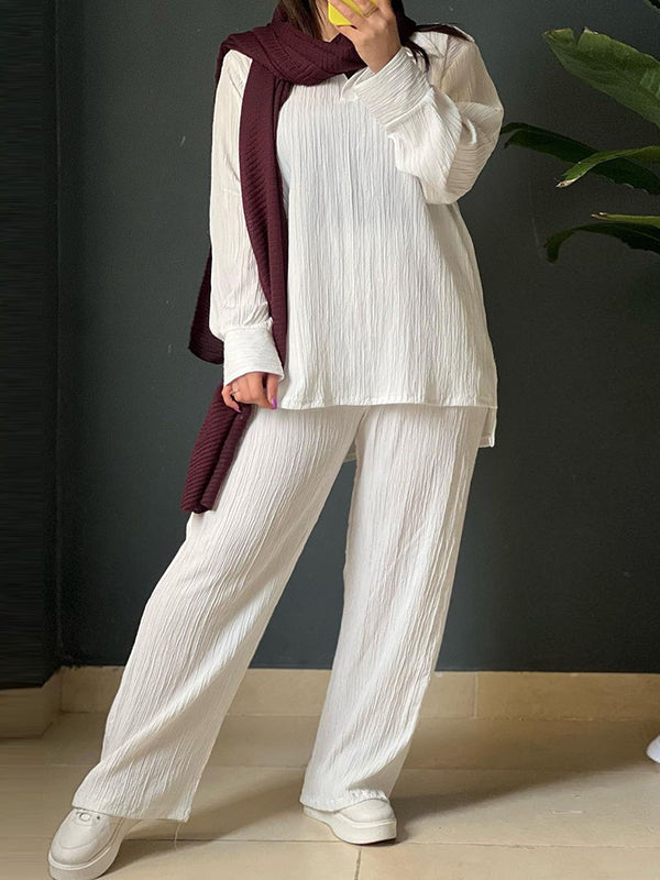 Pleated Solid Color High-Low Long Sleeves Split-Side Lapel Shirts Top + Pants Bottom Two Pieces Set