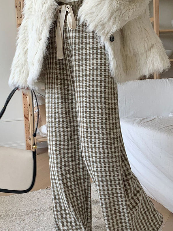 High Waisted Loose Drawstring Elasticity Plaid Pants Trousers