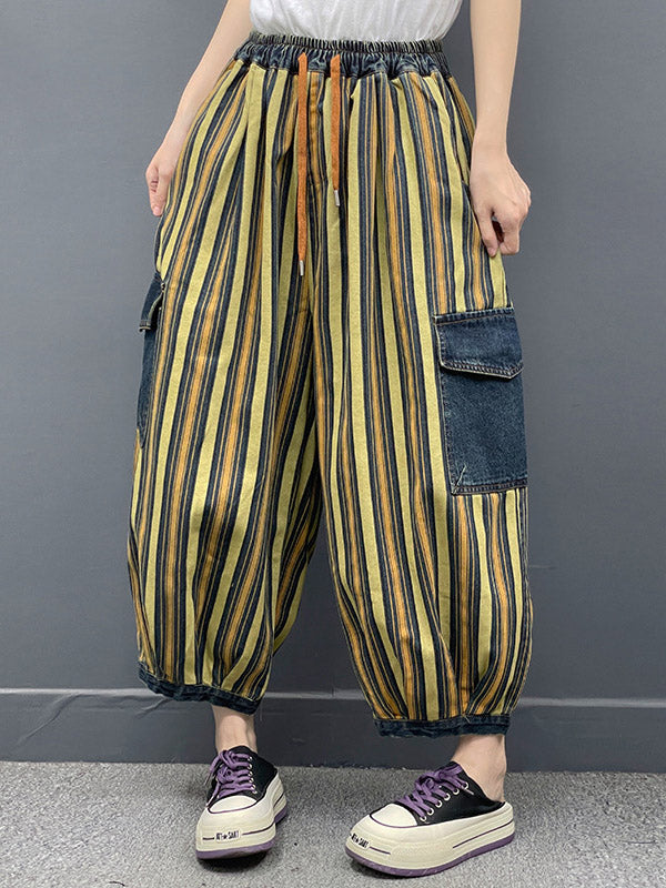 Loose Ninth Pants Contrast Color Drawstring Pleated Pockets Striped Jean Pants Bottoms Knickerbockers