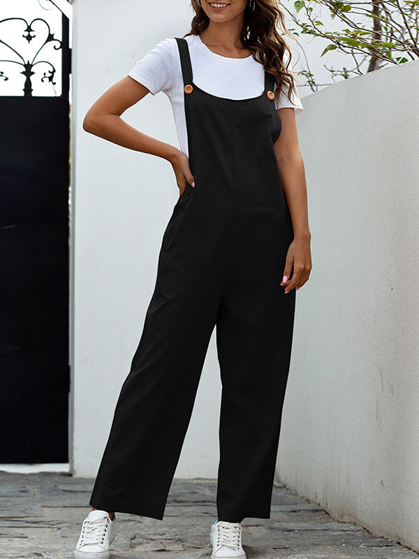 Loose Buttoned Solid Color Overalls