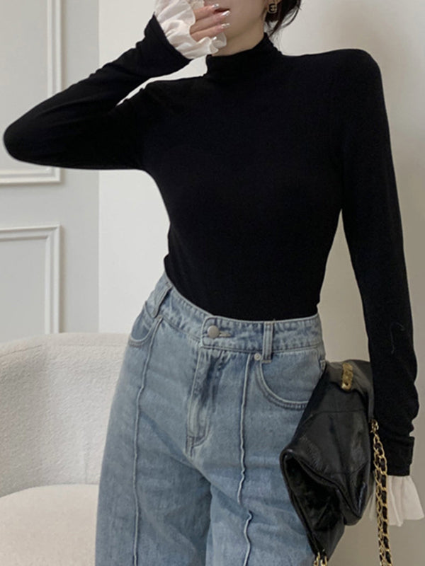 Long Sleeves Skinny Pleated Split-Joint High Neck T-Shirts