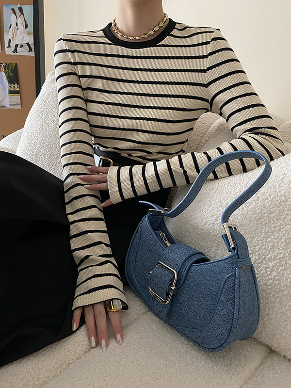 Long Sleeves Skinny Contrast Color Striped Round-Neck T-Shirts Tops