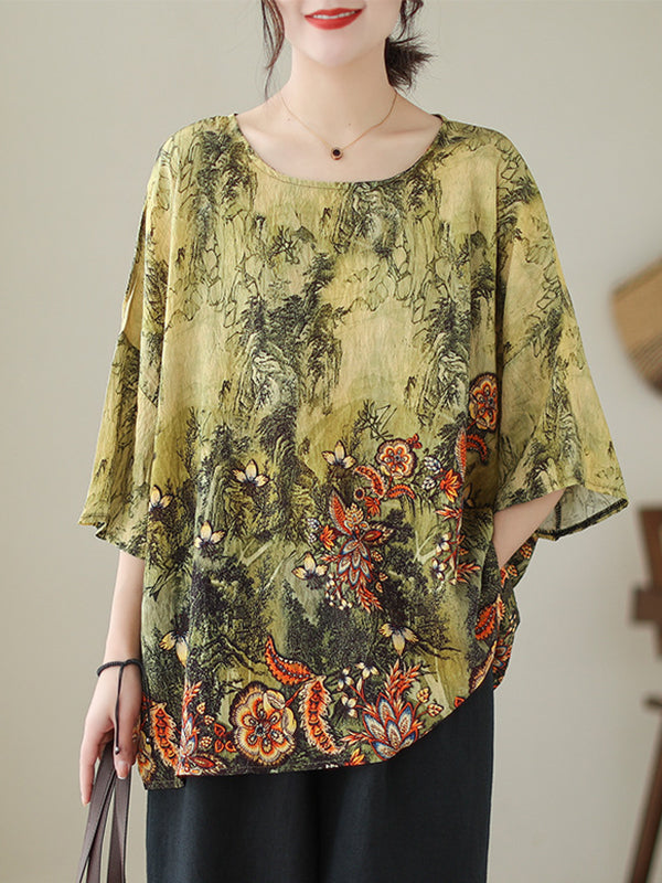 Loose Short Sleeves Printed Round-Neck T-Shirts Tops