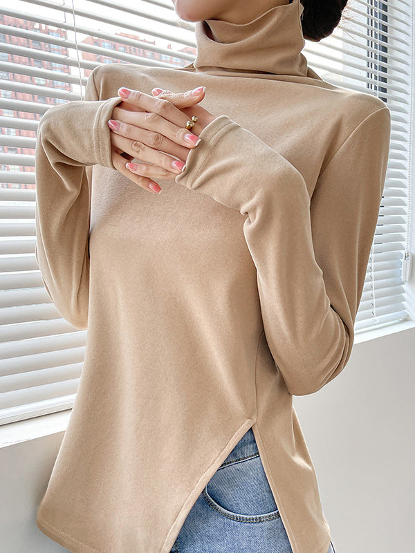 Casual Skinny Long Sleeves Split-Side Solid Color High-Neck T-Shirts Tops