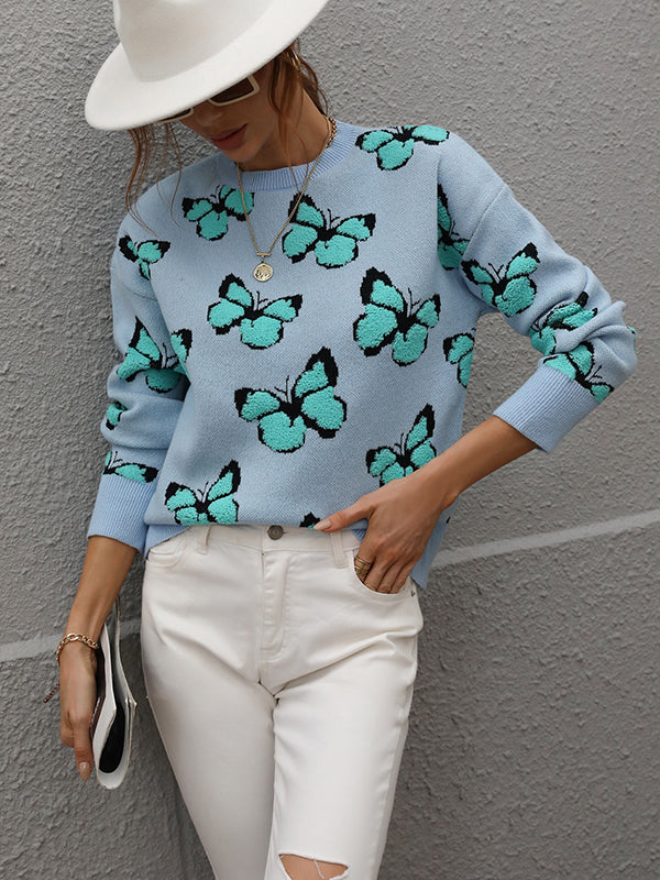 Original Long Sleeves Loose Butterfly Print Contrast Color Round-Neck Sweater Tops